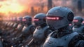 futuristic modern robot army, robots in a row