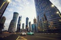 Futuristic modern skyscrapers at twilight in Doha, Qatar