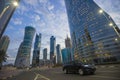 Futuristic modern skyscrapers at twilight in Doha, Qatar