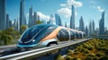 Futuristic modern train moving fast and quiet in city town. Concept of magnetic levitation train moving across the city