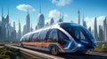 Futuristic modern train moving fast and quiet in city town. Concept of magnetic levitation train moving across the city. Modern