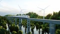 Futuristic, modern train passing on mono rail. Ecological future concept. Aerial nature view. 3d rendering.