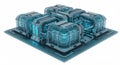 Futuristic modular structure with a grid-like arrangement of transparent, blue-tinted Royalty Free Stock Photo