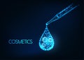 Futuristic moisturizer, cosmetics innovative formula concept with glowing pipette, droplet, molecule