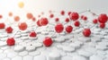 A futuristic molecular structure with red polyhedral shapes connected by thin lines over a white hexagonal surface