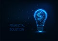 Futuristic money making, investment concept with glowing low polygonal lightbulb and dollar sign