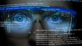 Futuristic monitor on face with code and information hologram. Eye hud animation. Future concept Royalty Free Stock Photo