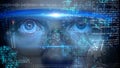 Futuristic monitor on face with code and information hologram. Eye hud animation. Future concept Royalty Free Stock Photo