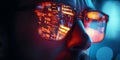 Futuristic monitor on face with code and information hologram. Eye hud animation. Future concept. Royalty Free Stock Photo