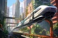 futuristic monorail speeding through a dense urban environment