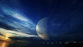 Futuristic moon at sea blue cloudy sky at sunset city evening light blurred on horizon