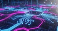 Close-up of a futuristic motherboard with neon blue and pink glowing circuit pathways and connections, digital technology and AI Royalty Free Stock Photo