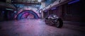 Futuristic motorbike in a seedy dystopian downtown city street. Cinematic view cyberpunk concept 3D illustration