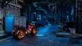 Cyberpunk concept 3D rendering of a futuristic motorcycle in a dark seedy urban street scene Royalty Free Stock Photo