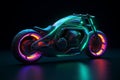 Futuristic motorcycle with neon red and green lights on black background - the vehicle of the future concept