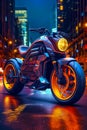 Futuristic motorcycle parked in the middle of city at night with bright lights. Generative AI