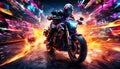 Futuristic motorcycle racing through vibrant neon city streets Royalty Free Stock Photo