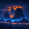 Futuristic Mountain City Scene With Neon Tube Glowing lights, Sci-Fi Alien World, Night With Clouds and Mist, Generative AI Royalty Free Stock Photo