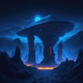 Futuristic Mountain City Scene With Neon Tube Glowing lights, Sci-Fi Alien World, Night With Clouds and Mist, Generative AI Royalty Free Stock Photo