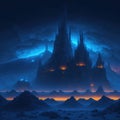 Futuristic Mountain City Scene With Neon Tube Glowing lights, Sci-Fi Alien World, Night With Clouds and Mist, Generative AI Royalty Free Stock Photo