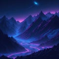 Futuristic Mountain City Scene With Neon Tube Glowing lights, Sci-Fi Alien World, Night With Clouds and Mist, Generative AI Royalty Free Stock Photo