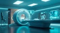 Futuristic MRI scanner room with advanced medical technology and illuminated displays Royalty Free Stock Photo