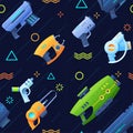 Futuristic multicolored weapon seamless pattern vector illustration. Guns, handguns childish toy