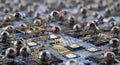 Futuristic nanotechnology robots working on a complex circuit board with microchips design Royalty Free Stock Photo
