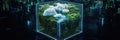Futuristic nature cube, digital environment with lush greenery, waterfall, and floating clouds in a high-tech matrix Royalty Free Stock Photo