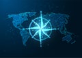 Futuristic navigation concept with glowing low polygonal compass rose and world map Royalty Free Stock Photo