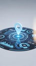 Futuristic navigation interface with glowing blue location pin and data analytics Royalty Free Stock Photo