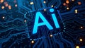 Futuristic neon AI chip with thin circuit lines on abstract tech background semiconductor onboard