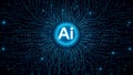 Futuristic neon AI chip with thin circuit lines on abstract tech background semiconductor onboard