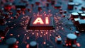 Futuristic neon AI chip with thin circuit lines on abstract tech background semiconductor onboard