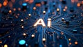 Futuristic neon AI chip with thin circuit lines on abstract tech background semiconductor onboard
