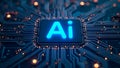 Futuristic neon AI chip with thin circuit lines on abstract tech background semiconductor onboard