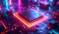 Futuristic Neon AI Processor Chip â Cyberpunk Semiconductor Technology, Artificial Intelligence Hardware, Advanced Computing Royalty Free Stock Photo