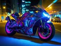 Futuristic neon bike with rider against cityscape