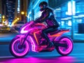Futuristic neon bike with rider against cityscape