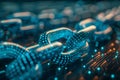 Futuristic neon blue blockchain links on a digital background, illustrating the secure connections of cryptocurrency technology
