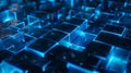 Futuristic neon blue blockchain links on a digital background, illustrating the secure connections of cryptocurrency technology