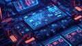 Futuristic neon blue circuit board with glowing digital interface and cyber hardware components, high tech motherboard data Royalty Free Stock Photo