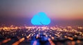 Futuristic neon blue cloud over blurry cityscape lights at dusk represents digital future technology and data Royalty Free Stock Photo