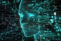Futuristic neon blue digital human face emerges from abstract cityscape grid data streams future technology concept Royalty Free Stock Photo
