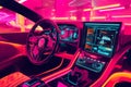 Futuristic neon car interior with digital displays and vibrant lighting Royalty Free Stock Photo