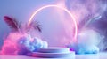 Futuristic neon circle with palm leaves and clouds in a surreal scene
