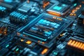 Futuristic neon circuit board with glowing blue lights. technology processing digital computer CPU binary microchip processor Royalty Free Stock Photo