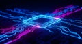 Futuristic neon circuit board with glowing microchip technology Royalty Free Stock Photo