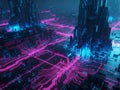 Futuristic neon city circuit board technology data background Royalty Free Stock Photo