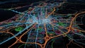 Futuristic neon city map glowing with data streams and transportation networks Royalty Free Stock Photo